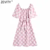 Women Elegant Lantern Sleeve Polka Dots Print Bow Sashes Pink Midi Dress Femme Chic Sweet Split Party Vestido DS5048 210420