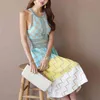 Women Light Blue Hit Color Halter Sleeveless Knitting Striped Geometric Bodycon Dress D1741 210514