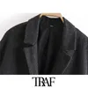 TRAF Women Fashion Single Button Loose Check Woolen Coat Vintage Långärmad Ryggventiler Kvinnlig Ytterkläder Chic Overcoat 210415