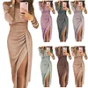 Womens Long Skirt With Collar And Hip Slits Sparkling Dinner Party Club Dress Formal Wear Y1006