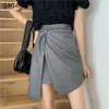 Yaz Kadın Mini Etekler Harajuku Kore Düzensiz Wrap Etek Moda Ekose Siyah Gri Yüksek Bel Kısa Kadın 210601