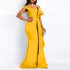 Robe jaune longue pour les femmes hors épaule Sexy sirène perles maigre bal étage longueur soirée dîner mariage fête Maxi robes 210510