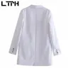 Basit Katı Beyaz Blazer Kadınlar Casual Tüm Maç Ceketler Parti Tarzı Uzun Gizli Düğmeler Lady Suit Coat Bahar 210427