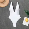 Deep V White Monokini Plunging Thong Badkläder Kvinnor Baddräkt Bodysuit Swim Wear Kvinna Sex Baddräkt 210702