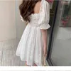 Korean Style Summer Women White Puff Sleeve Fairy Dress Vintage Elegant Hollow out Embroidery Chiffon Sweet 210519