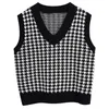 HEFLASHOR Femmes Houndstooth Gilet Pull Casual Col V Sans Manches Automne Hiver Jumper Tricot Style Coréen Pull Lâche Tops 210819