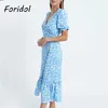 Föridol daisy print lång klänning kvinnor sommar blommig boho maxi wrap ny blå ruffle a-line svart 210415