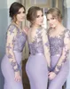 الأكمام Lilac طويلة الأكمام رخيصة وصيفة الشرف الوهم تحت حورية البحر يزين مطرز طويل فساتين حفل زفاف