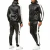 Zogaa Men's Pu Leather Hoodies Set 2 Piece Casual Sweatsuit Hooded Jacket and Pants Jogging Suit Tracksuits 220310