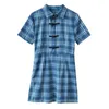 2 colors SM summer dress chinese style plaid short sleeve vintage mini dress women clothes with belt (C2615) 210423