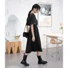 Kontrast Dikiş Siyah Yaz Elbise Lace Up V Boyun Işlemeli Bir Çizgi Uzun Elbise Kadın Avrupa Giyim 210427