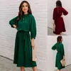 Kobiety Moda O-Neck Z Długim Rękawem Midi Dress 2022 Wiosna New Vintage Solid Lace Up Casual Biuro Party Dresses Femme Y1212