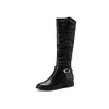 Winter Knee High Boots Women Pleated Zipper Flat Long Buckle Round Toe Shoes Ladies Autumn Black Size 34-39 210517