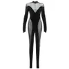 Mode Vrouwen Sexy Lange mouwen Mesh See-through Transparent Black Skinny Celebrity Designer Jumpsuit 210527