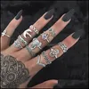 Cluster rings smycken 10 stilar Bohemian Antik Sier Set för kvinnor Retro Hand av Fatima Elephant Flower Ankh Crescent Midi Knuckle Finger R