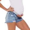 Women Maternity Elastic Band Jeans Solid Color Ripped Denim Shorts Bottoms