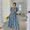 여성 세련된 패션 플라워 프린트 미디 드레스 빈티지 퍼프 슬리브 캐주얼 여성 드레스 Vestidos Mujer 210529
