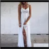 Womens Clothing Apparel Drop Delivery 2021 Bkld Women Summer Sexy Split White Spaghetti Strap Dress Casual Vneck Beach Elegant Embroidered Dr