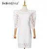 Elegant White Dress For Women O Neck Puff Sleeve High Waist Hollow Out Dresses Female Fashion Clothing 210520