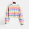 Kvinnor Pikétröja Kvinnor Sweatshirt Långärmad regnbåge färg damer Hoodies med knapp Striped Korean Harajuku Sweatshirt 210518