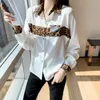 Primavera satinado leopardo impreso mujeres blusas camisas manga completa cuello vuelto oficina moda blusas tops femme 210518