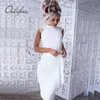夏の白いセクシーなボディコンノースリーブレースパーティーニーレングス女性Midi Dress Robe Femme 210415