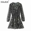 V Hals Leopard Mini Dress Ruffles Långärmad Bud Kvinnor Animal Print Chiffon En linje Sundress Lady Sukienka 210508