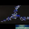 Luxury Big Blue Water Drop Flower Crystal Bridal Smycken Satser Kvinnor Utsikt Guldfärg Halsband Örhängen Set för Bröllop Fabrikspris Expert Design Kvalitet