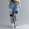 Johnature Fashion Patchwork Denim Pants Summer Elastic Waist Hole Tie Casual Ankle-Length Women Vintage Jeans Pants 210521