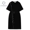 Nuove donne di estate vintage nero cerniera vestito spaccato con cintura moda streetwear abiti vita casual harajuku mini vestiods 210417