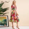 ファッションデザイナー夏のハイウエストミディスカートセット女性の半袖花柄のプリントシャツとスカート2個の部品スーツ210524