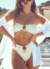 2021 Sexy Metal Rings High Waist Bikini Women Bandeau Swimsuit female Swimwear Two pieces bikini set Bather Bathing Suit Swim X0522