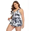 Women's Swimwear 2021 Swimsuit L XL 2XL 3XL Big Cup Large Size Two Piece Women V-Collar Print Beachwear Bathing Suit With Skirt