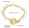 Guld Rostfritt Stål Box Chain Pearl OT Buckle Dubbel Charms Armband Bangle 16cm För Kvinnor Flickor