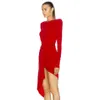 Darmowe kobiety czerwona sukienka seksowna o-neck z długim rękawem Bodycon Nieregularny Draped Celebrity Club Party Mini Vestido 210524