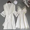 Fiklyc brand women's sleep & lounge two pieces robe & gown sets sexy hollow out lace & satin female mini nightdress bathrobe set 210831