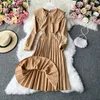 Neploe Peter Pan Collar Big Swing Pleated Dresses Women spring Elegant Chic Button Femme Vestidos Retro Slim Fit Dress 210422