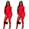 Women Long Sleeve Jumpsuits Designer V-neck Nightclub Sexy Eye Net Onesies Trousers Slim Zipper Rompers Fashion Casual Autumn Clothing