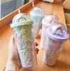 450mlレインボーカップマグカップとストローペット素材のためのダブルプラスチック子供大人のガールフレンドギフト製品xc1