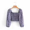 Mulheres Vintage Roxo Floral Impressão Camisa Moda Senhoras Elastic Curta Tops Elegante Feminino Streetwear Quadrado Colar Blusa 210427