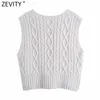 Zevity Donna Vintage con scollo a V Twist Crochet Casual Maglia senza maniche Gilet Maglione Lady Chic Gilet Pullover Maglione Top S687 210419