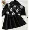 Spring Splicing Knitted Women Dress Half high collar Print Long Sleeve Dresses A-line Vintage Black Dress Vestidos 210521