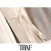 TRAF Moda Fashion Patchwork Verificação Assimétrica Blazer Casaco Vintage Manga Longa Amarrado Feminino Outerwear CHIC Tops 210415
