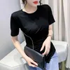 Solid Basic Short Sleeve Kvinnor Tshirt Casual Folds Diamond Fashion Crop Top T Shirt Ladies Koreanska Tee Y2K Toppar 210507