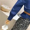 Herfst Nieuwe vrouwen denim jeans retro bladerdeeg lange mouwen sjerpen slanke taille jas en print midi lange rok twinset rokkostuum ML