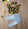 Baby Girl Clothing Sets Off Shoulder Sunflower Print Tops Ripped Denim Pants Headband 3Pcs Outfits Summer Clothes