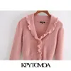 Moda damska z guzikami Ruffled Cropped dzianinowy sweter sweter z długim rękawem kobiet odzież wierzchnia elegancka topy 210420