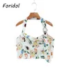 Dropped Neck Loose Crop Tops Women Floral Print Boho Summer Halter Tank Tops Heart Sequined White Tie-front Camis 210415