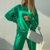 Kadın Rahat Katı Eşofman Gevşek Uzun Kollu Kazak Kazak Ve Elastik Geniş Bacak Pantolon İki Adet Set Moda Kadın Takım Elbise 211007