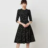 Vintage Dot Print Pleated Dress Women A Line Elegant Party Ladies Casual O Neck Three Quarter Sleeve Midi es 210508